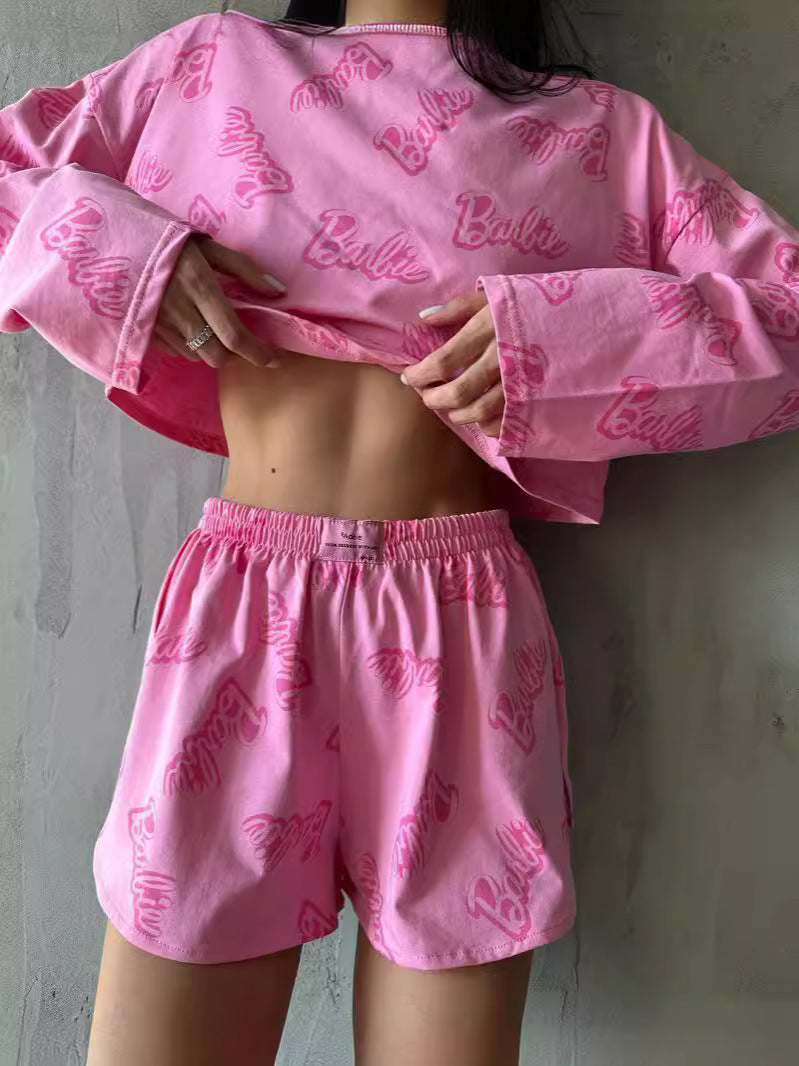 Casual Letter-Print Two-Piece Set: Cropped Crewneck Long-Sleeve Top & Elastic Waist Pants with Side Slits