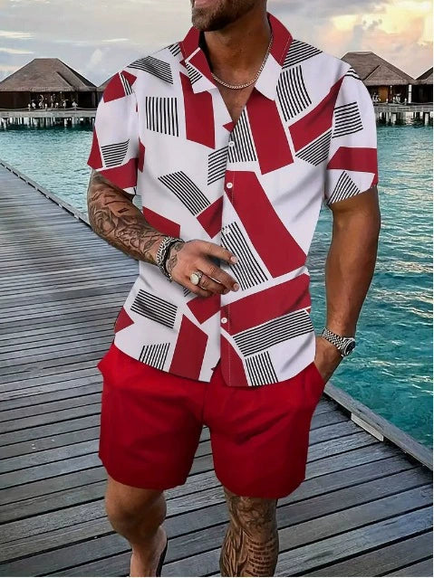 Men's Geometric Print Shirt & Shorts Two-piece Set