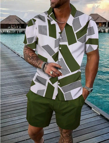 Men's Geometric Print Shirt & Shorts Two-piece Set