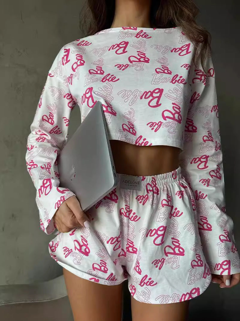 Casual Letter-Print Two-Piece Set: Cropped Crewneck Long-Sleeve Top & Elastic Waist Pants with Side Slits