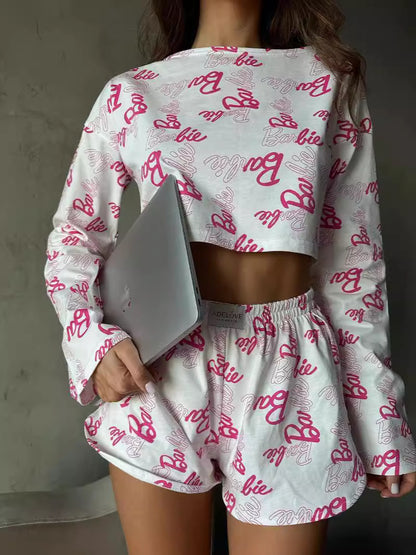 Casual Letter-Print Two-Piece Set: Cropped Crewneck Long-Sleeve Top & Elastic Waist Pants with Side Slits