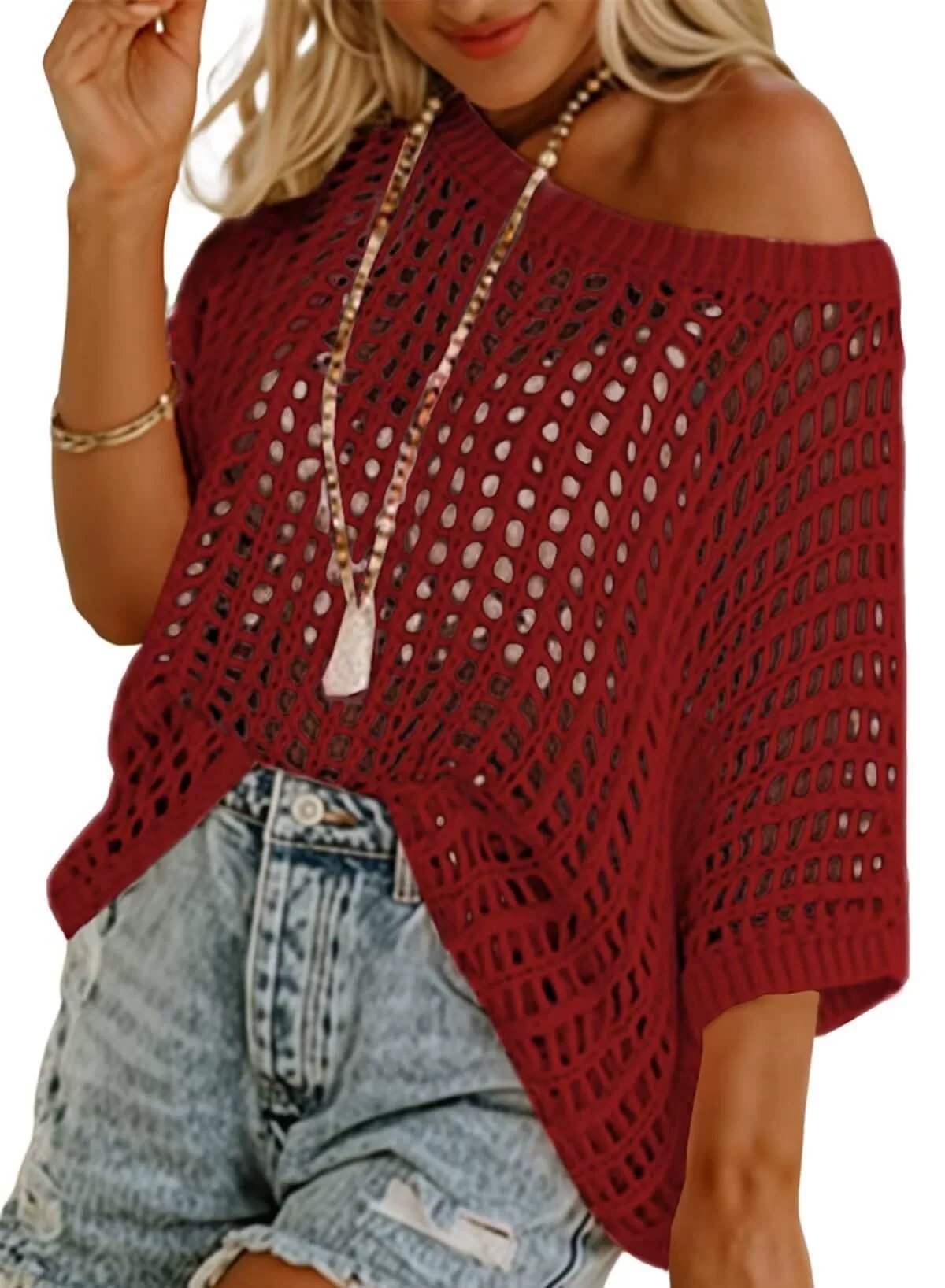 Womens Summer Scoop Neck ShortSleeve Sweater Casual Crochet Hollow Out KnitTops