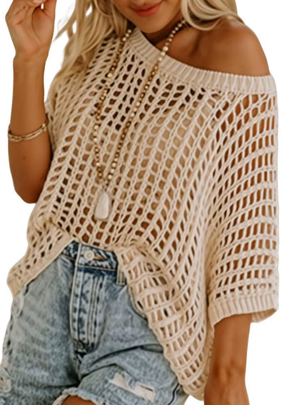 Womens Summer Scoop Neck ShortSleeve Sweater Casual Crochet Hollow Out KnitTops