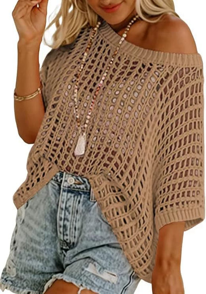 Womens Summer Scoop Neck ShortSleeve Sweater Casual Crochet Hollow Out KnitTops
