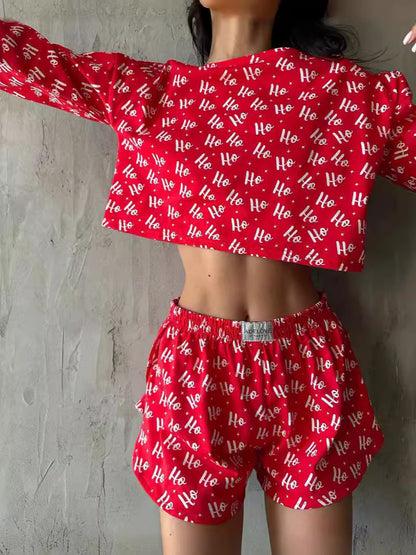 Casual Letter-Print Two-Piece Set: Cropped Crewneck Long-Sleeve Top & Elastic Waist Pants with Side Slits