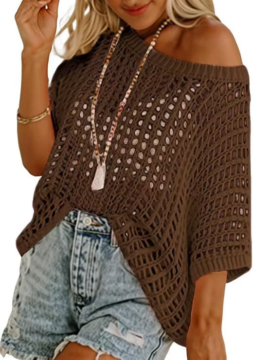 Womens Summer Scoop Neck ShortSleeve Sweater Casual Crochet Hollow Out KnitTops