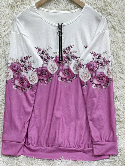 Rose Print Half Zip Sweatshirt