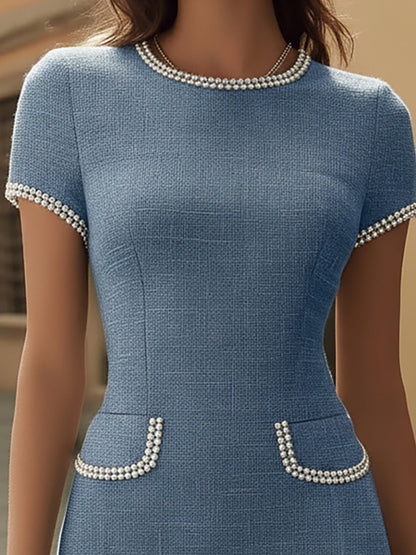 Blue Tweed Mini Dress With Pearl Trim
