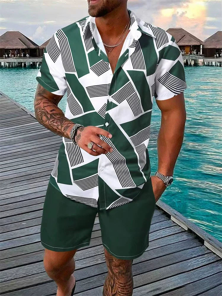 Men's Geometric Print Shirt & Shorts Two-piece Set