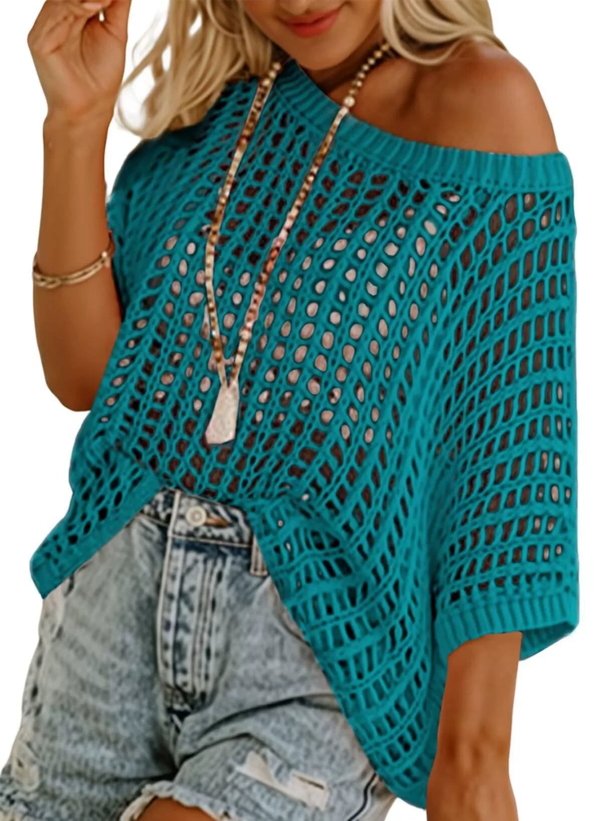 Womens Summer Scoop Neck ShortSleeve Sweater Casual Crochet Hollow Out KnitTops