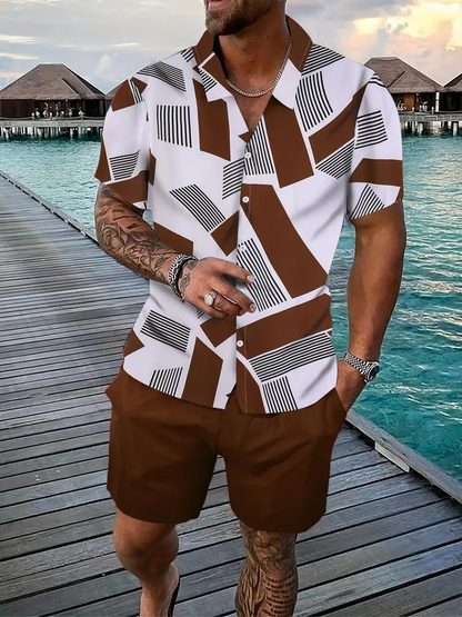 Men's Geometric Print Shirt & Shorts Two-piece Set