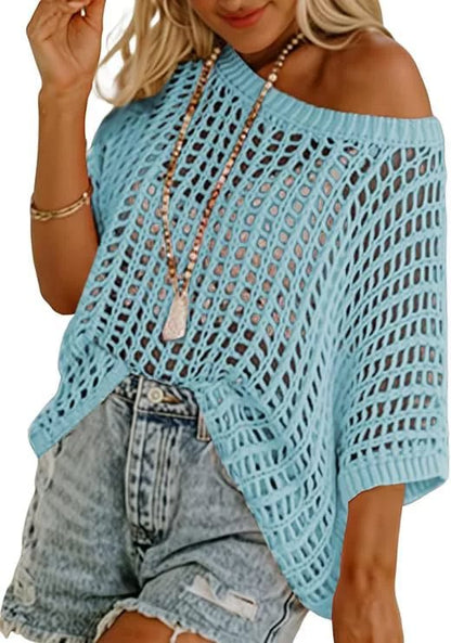 Womens Summer Scoop Neck ShortSleeve Sweater Casual Crochet Hollow Out KnitTops