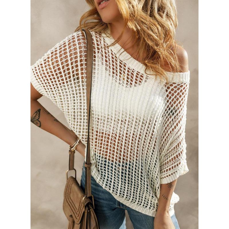Womens Summer Scoop Neck ShortSleeve Sweater Casual Crochet Hollow Out KnitTops