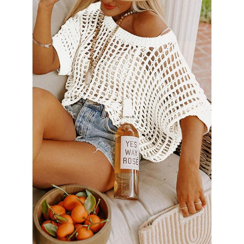 Womens Summer Scoop Neck ShortSleeve Sweater Casual Crochet Hollow Out KnitTops