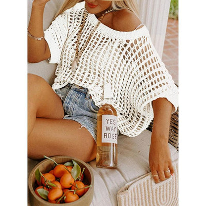 Womens Summer Scoop Neck ShortSleeve Sweater Casual Crochet Hollow Out KnitTops