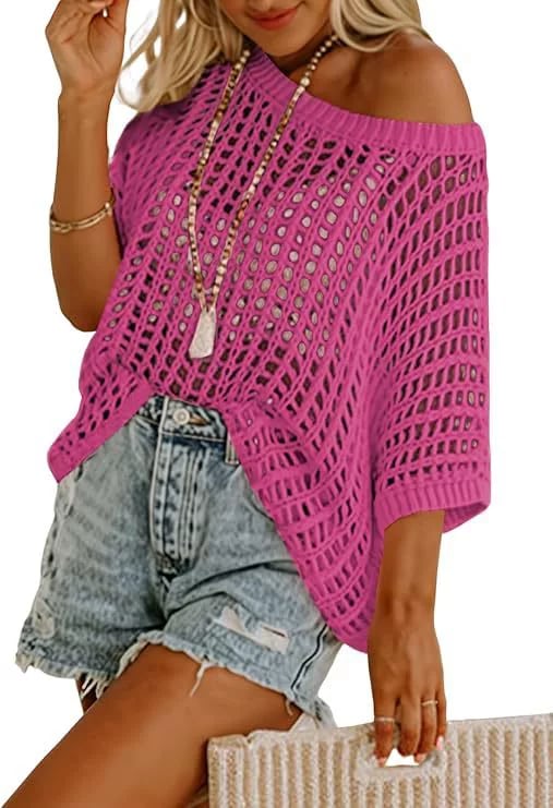 Womens Summer Scoop Neck ShortSleeve Sweater Casual Crochet Hollow Out KnitTops