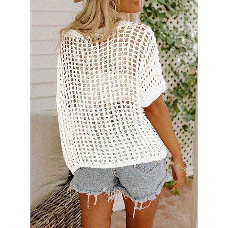 Womens Summer Scoop Neck ShortSleeve Sweater Casual Crochet Hollow Out KnitTops