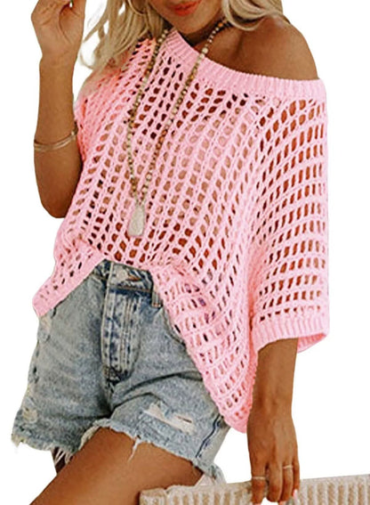 Womens Summer Scoop Neck ShortSleeve Sweater Casual Crochet Hollow Out KnitTops