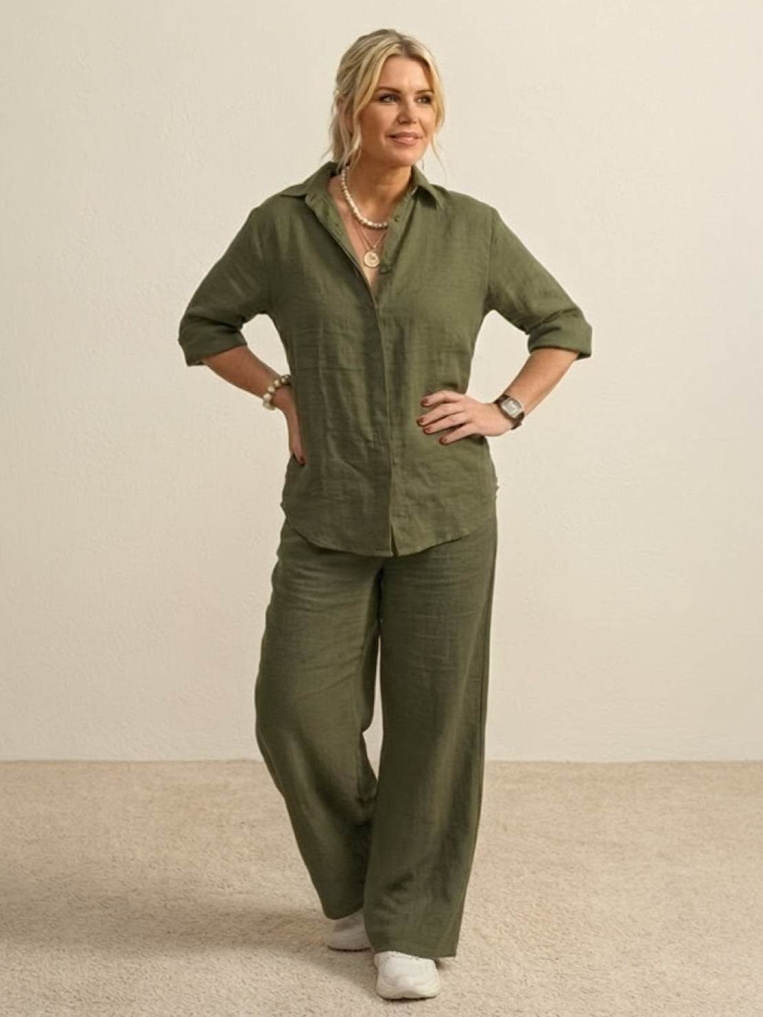 Oversized 100% Cotton Shirt and Wide-Leg Pants Co-ord Set