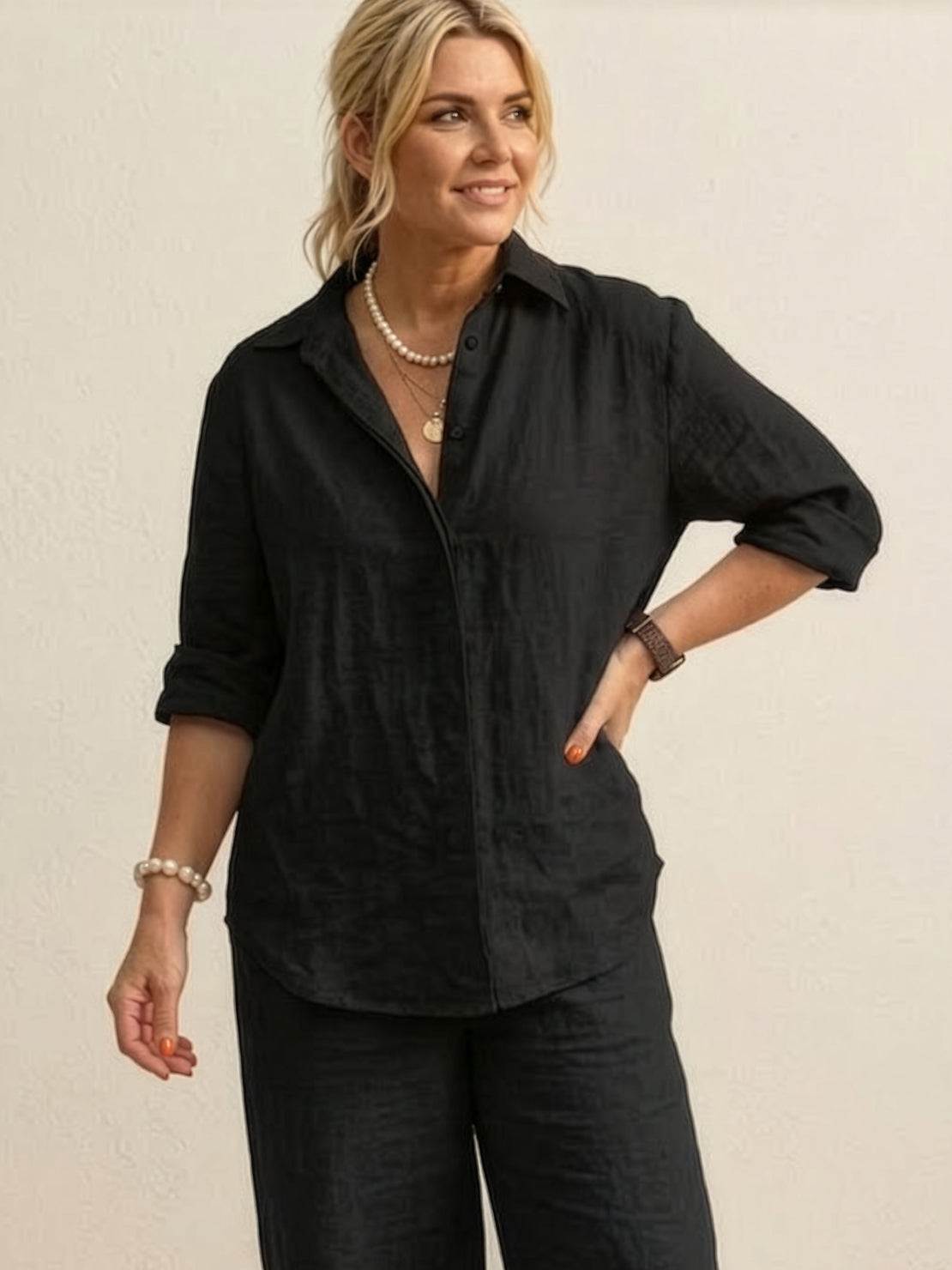 Oversized 100% Cotton Shirt and Wide-Leg Pants Co-ord Set