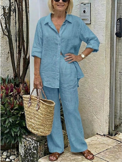 Oversized 100% Cotton Shirt and Wide-Leg Pants Co-ord Set