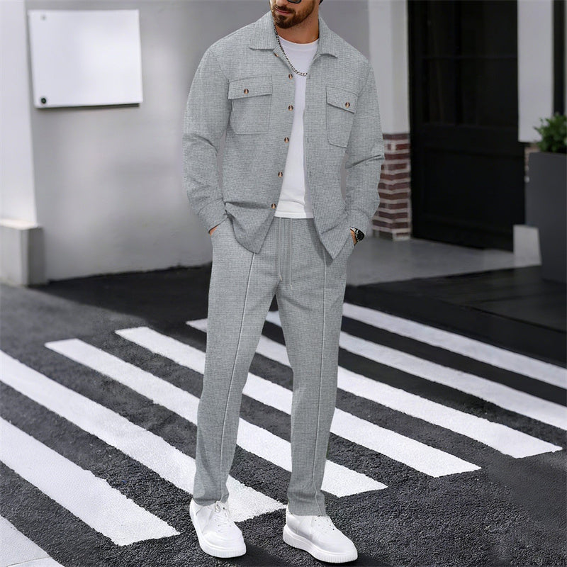 Men's Waffle Button-Up Jacket & Trousers Set