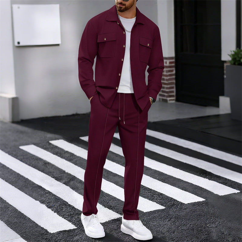 Men's Waffle Button-Up Jacket & Trousers Set