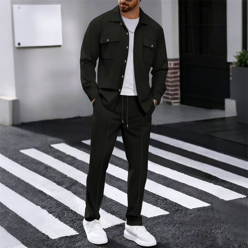 Men's Waffle Button-Up Jacket & Trousers Set